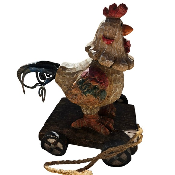 Rustic Wooden "Pull" Ceramic Chicken Folk Art Farmhouse Decor Unique Gift - Picture 2 of 9